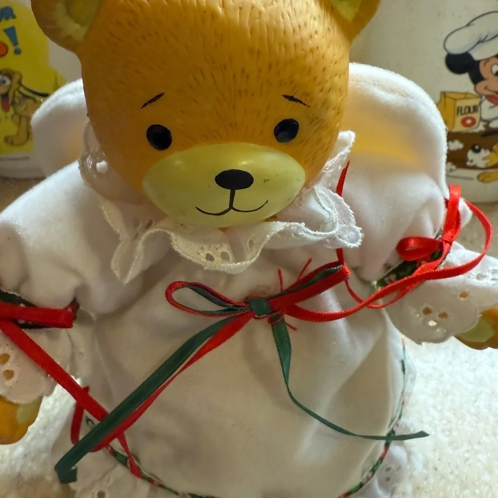 Vintage Angel Christmas Tree Topper Teddy Bear Figurine w/ Holiday White Dress